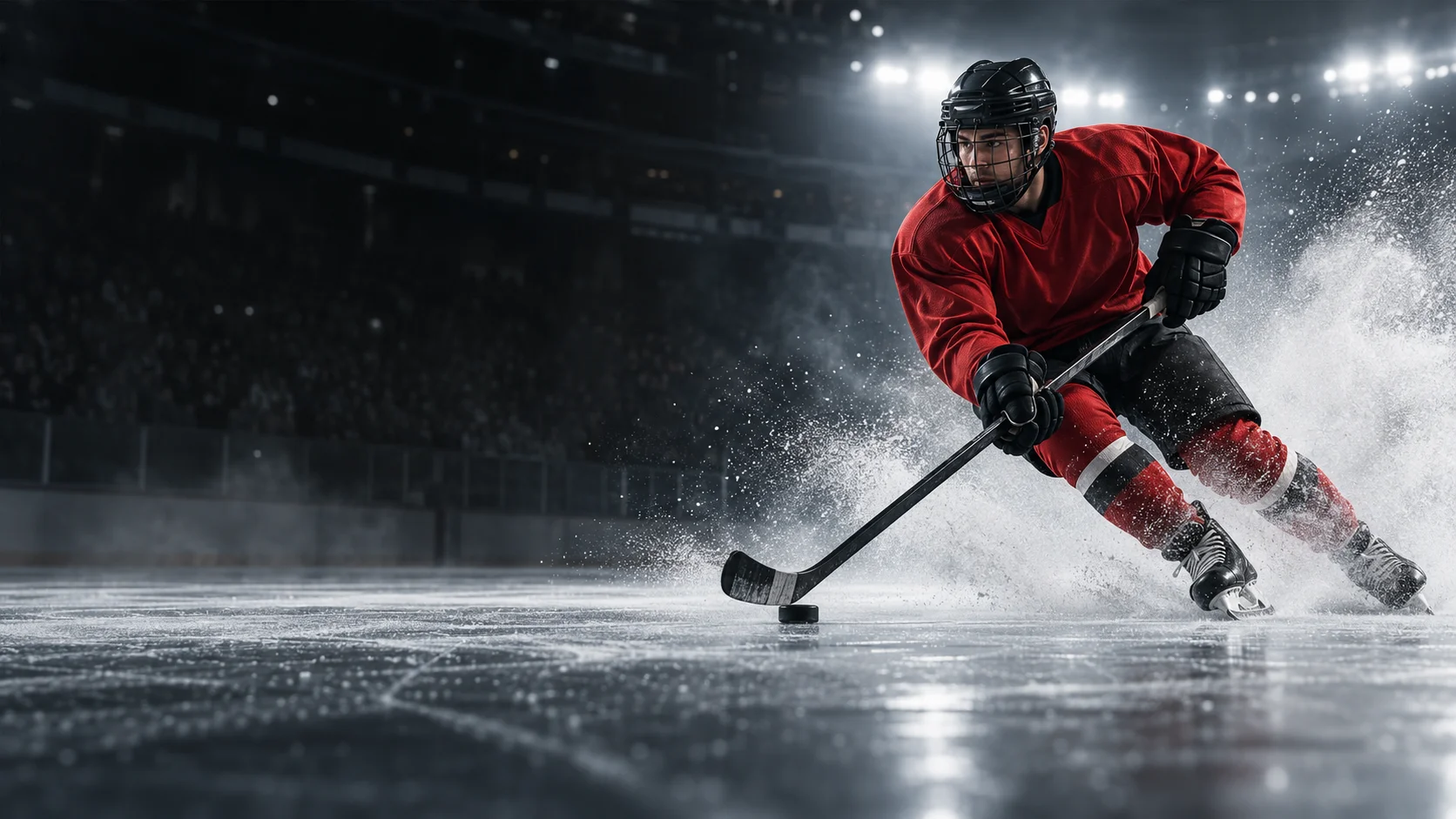 A hockey player in a red jersey carving a powerful turn through a spray of ice